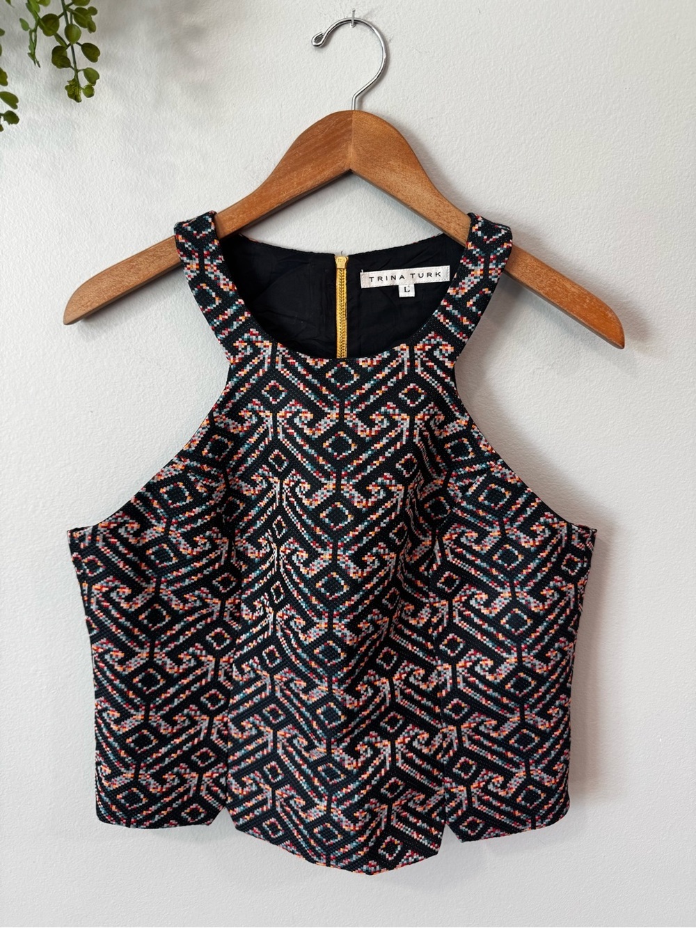 Trina Turk Black Geometric Halter Crop Top with Coral Accents